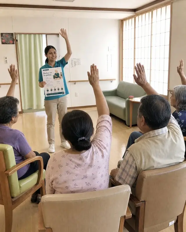 IMAGEN: taller grupal con los brazos en alto